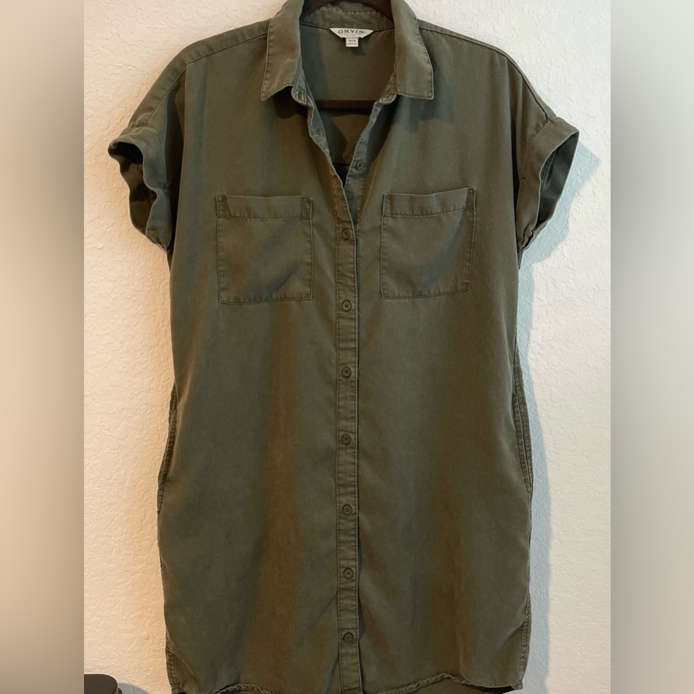 Orvis Olive Green Button-Front Utility Shirt Dress
